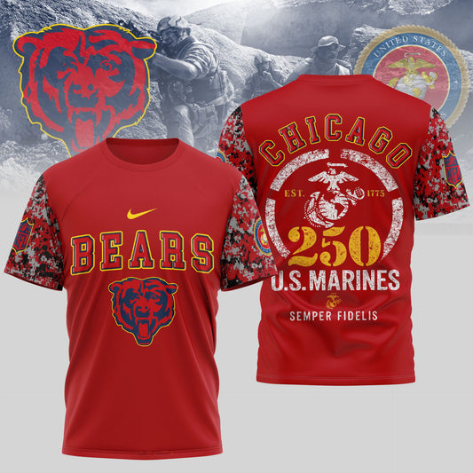 Chicago Bears x USMC 250th Anniversary T-Shirt | NFL Football Fan Jersey | Limited Edition Blue & Scarlet