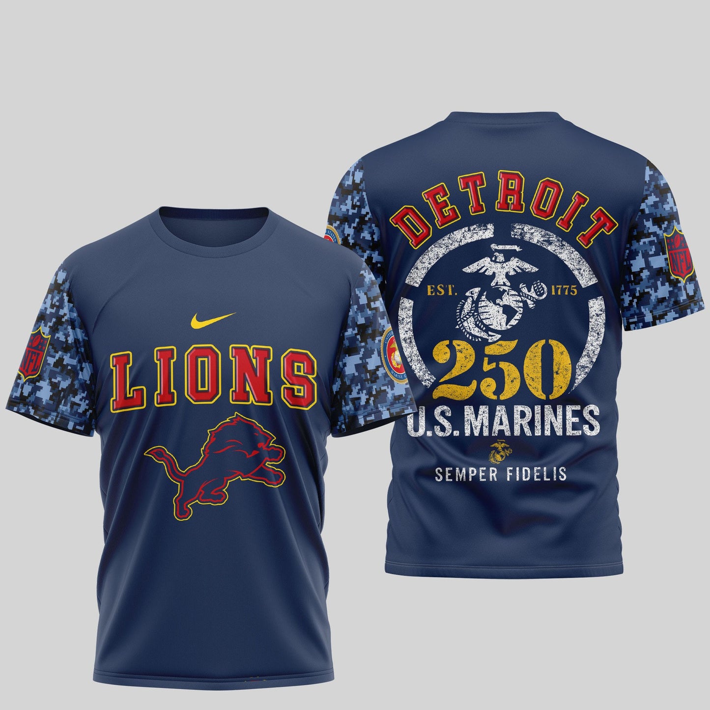 Detroit Lions NFL T-Shirt – USMC 250th Anniversary Tribute | Blue & Scarlet Edition