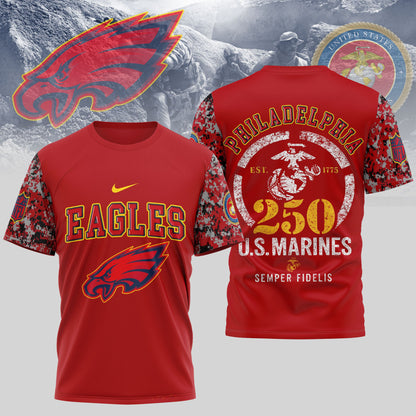 Philadelphia Eagles T-Shirt | USMC 250th Anniversary Tribute | NFL Fan Gear – Blue & Scarle
