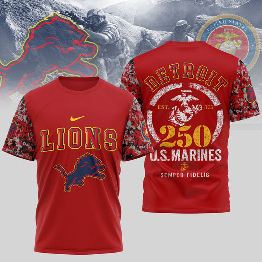 Detroit Lions NFL T-Shirt – USMC 250th Anniversary Tribute | Blue & Scarlet Edition