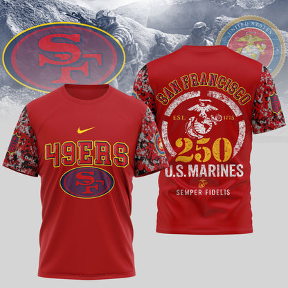 San Francisco 49ers x USMC 250th Anniversary T-Shirt – NFL Football Fan Jersey (Blue & Scarlet)