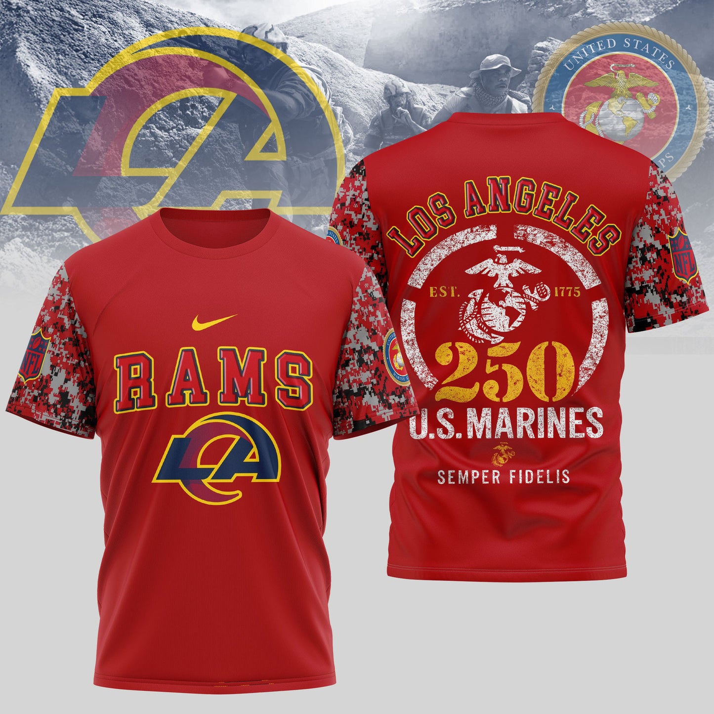 Los Angeles Rams 250th USMC Anniversary T-Shirt | NFL Football Fans Tribute Tee
