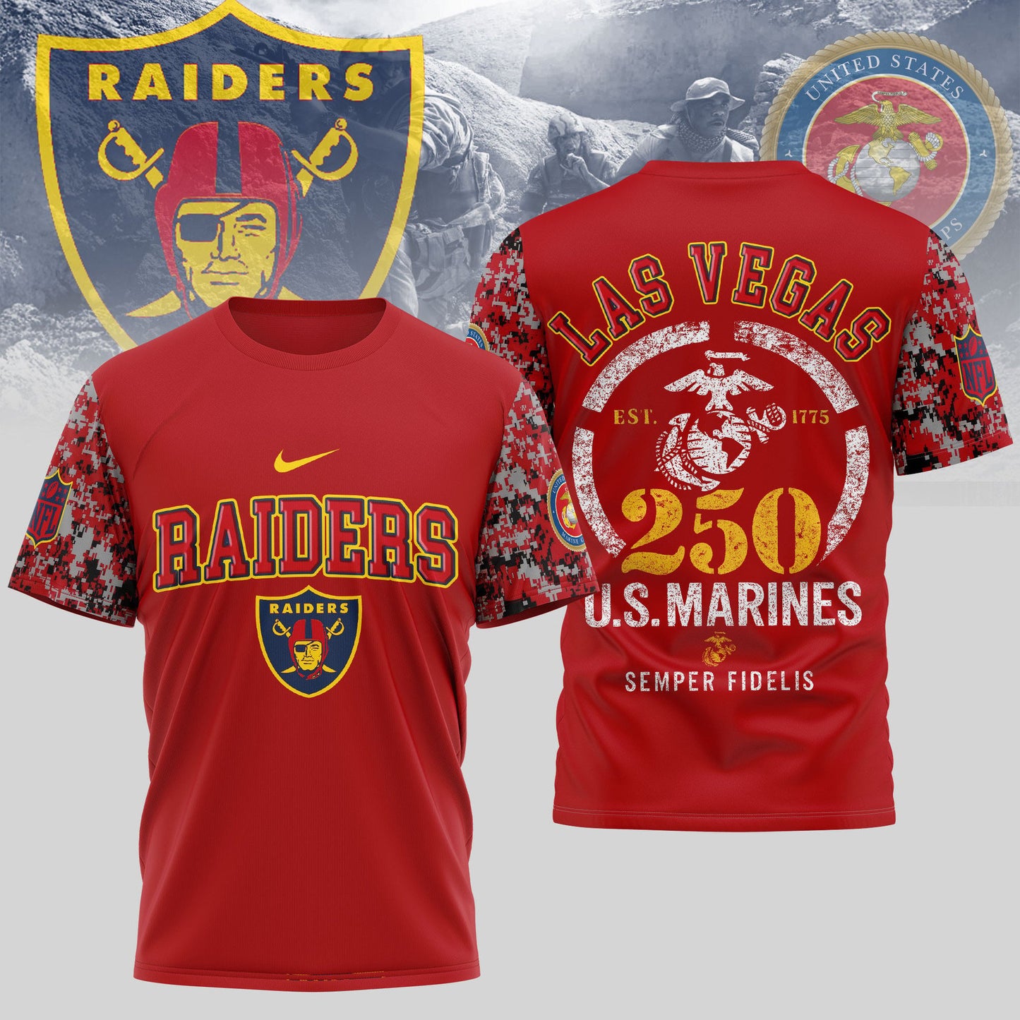 Las Vegas Raiders x USMC 250th Anniversary T-Shirt – Limited Edition Blue & Scarlet