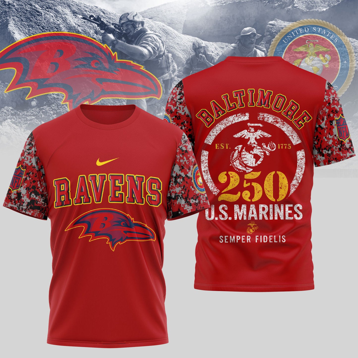 Baltimore Ravens T-Shirt | USMC 250th Anniversary Tribute | NFL Fan Gear | Blue & Scarlet
