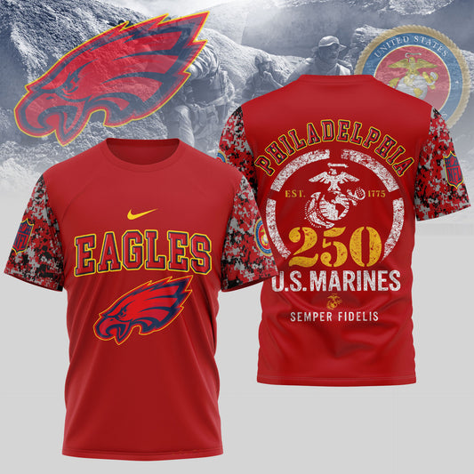 Philadelphia Eagles T-Shirt | USMC 250th Anniversary Tribute | NFL Fan Gear – Blue & Scarle