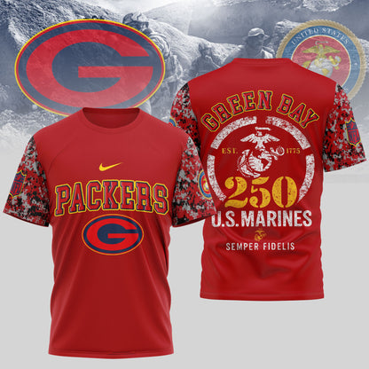 Green Bay Packers x USMC 250th Anniversary T-Shirt – NFL Football Fan Shirt – Blue & Scarlet