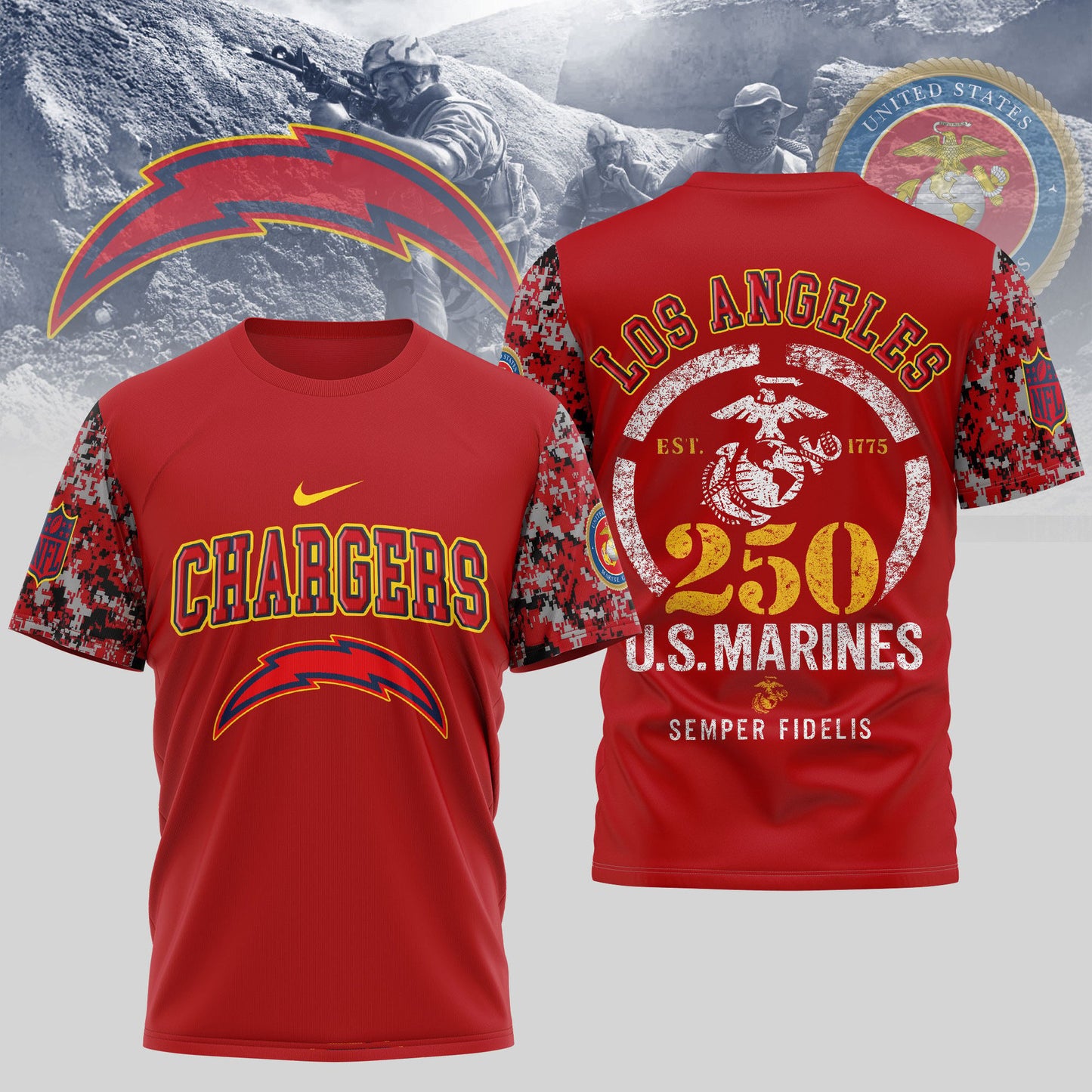 Los Angeles Chargers NFL T-Shirt – 250th U.S. Marines Anniversary Edition | Blue & Scarlet