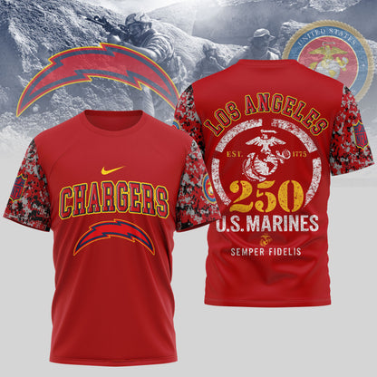 Los Angeles Chargers NFL T-Shirt – 250th U.S. Marines Anniversary Edition | Blue & Scarlet