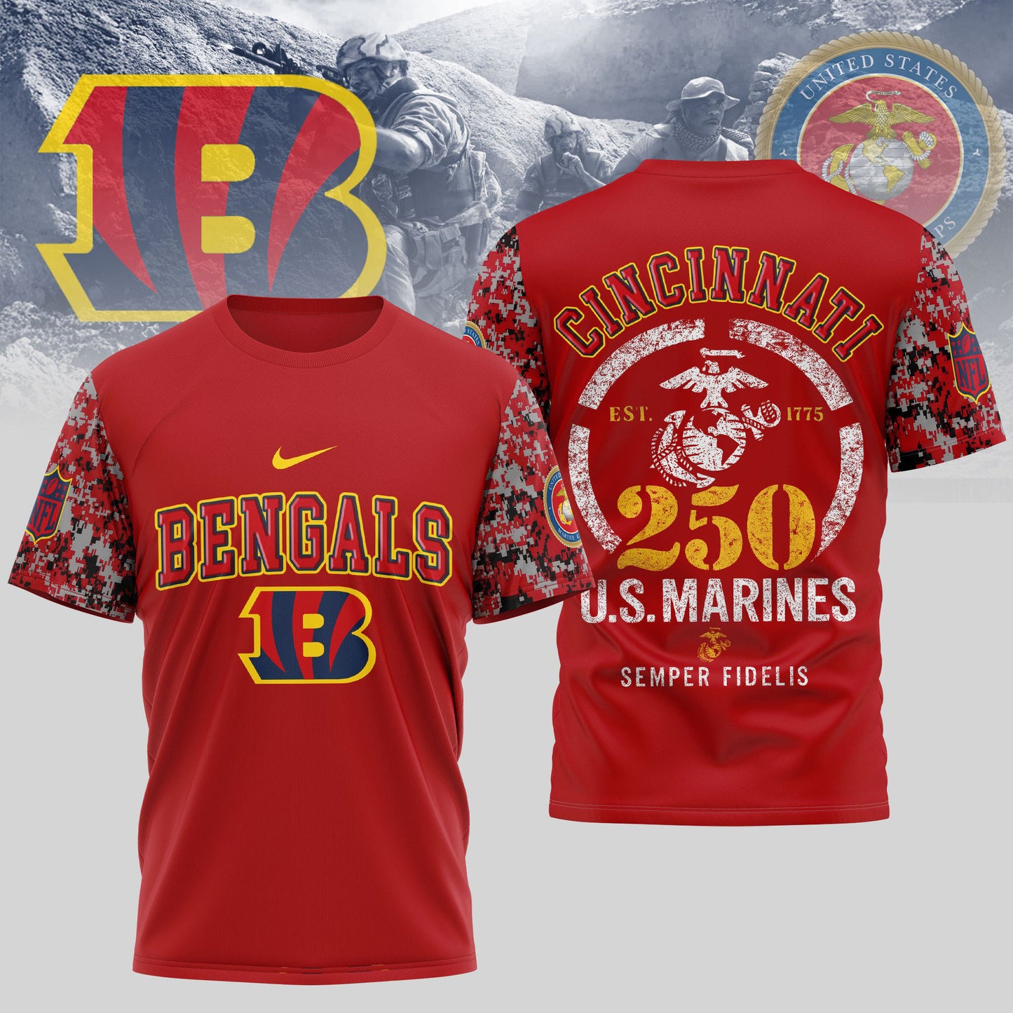 Cincinnati Bengals NFL T-Shirt x USMC 250th Anniversary Tribute | Blue & Scarlet