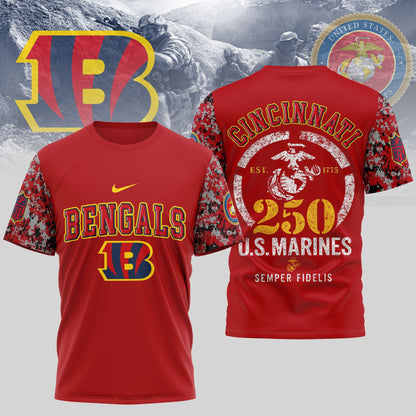 Cincinnati Bengals NFL T-Shirt x USMC 250th Anniversary Tribute | Blue & Scarlet