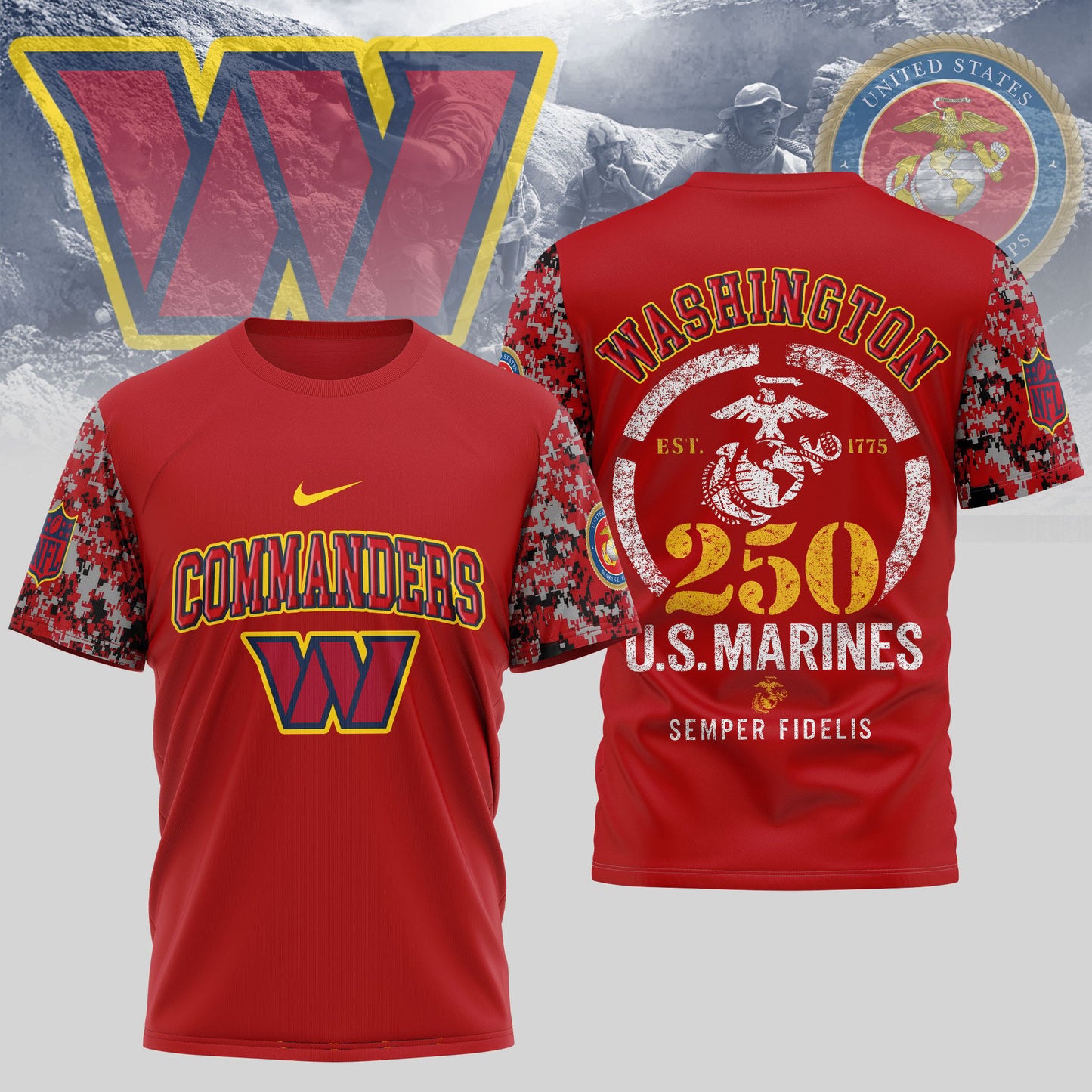 Washington Commanders NFL T-Shirt – USMC 250th Anniversary Tribute (Blue & Scarlet)