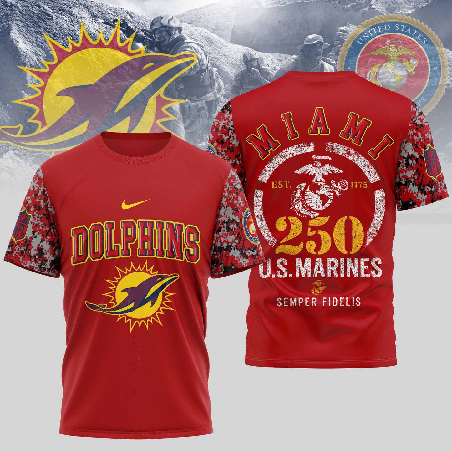 Miami Dolphins T-Shirt | USMC 250th Anniversary Tribute | NFL Football Fan Jersey – Blue & Scarlet