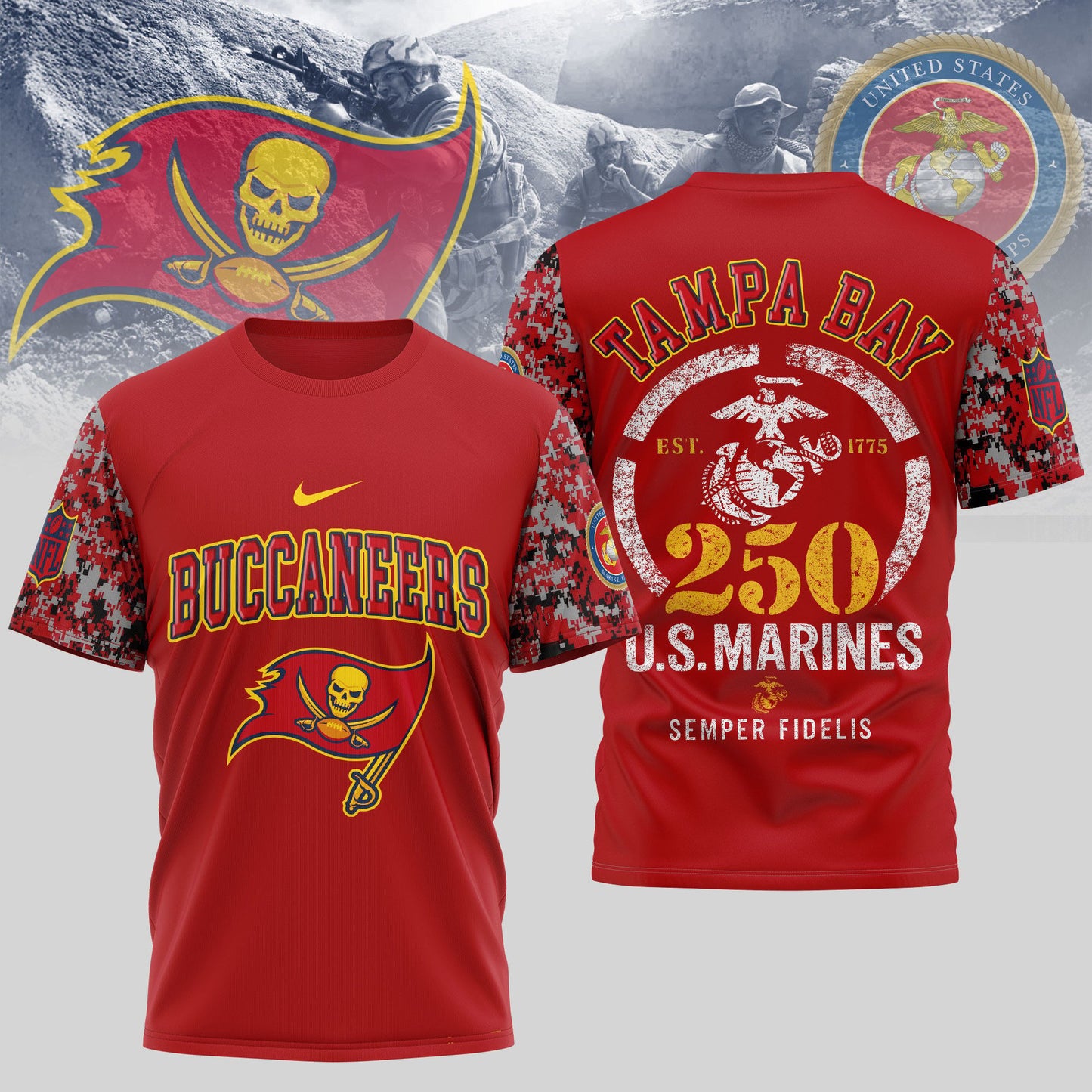Tampa Bay Buccaneers T-Shirt | USMC 250th Anniversary Tribute | NFL Fan Gear