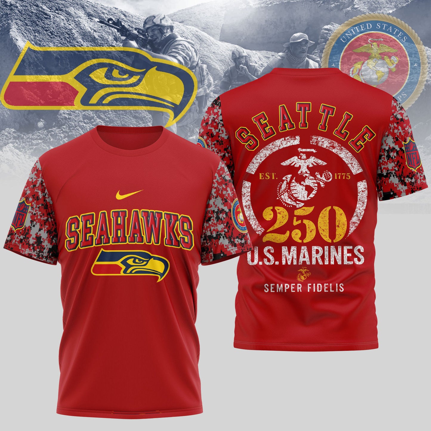 Seattle Seahawks x USMC 250th Anniversary T-Shirt – Blue & Scarlet Limited Edition