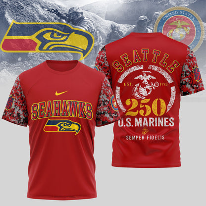 Seattle Seahawks x USMC 250th Anniversary T-Shirt – Blue & Scarlet Limited Edition