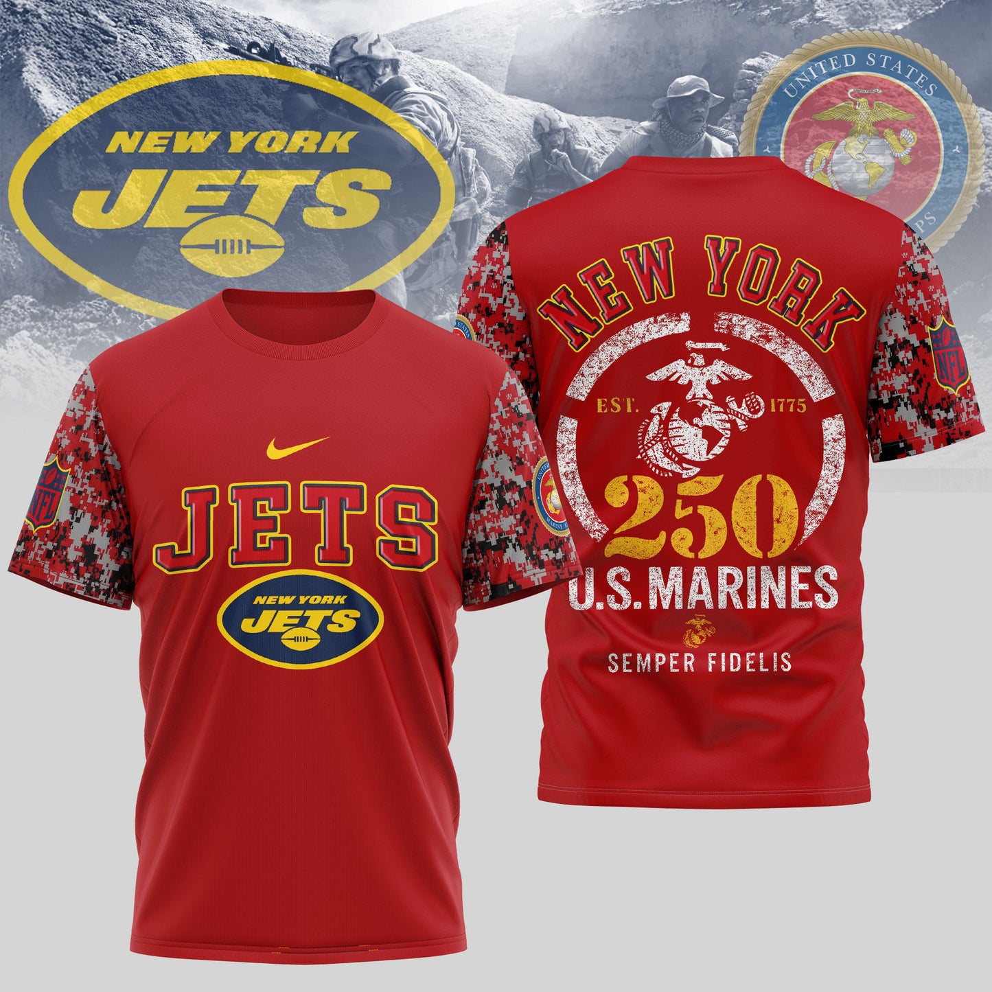 New York Jets USMC 250th Anniversary T-Shirt – NFL Veterans Tribute Shirt – Blue & Scarlet