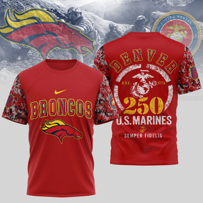 Denver Broncos T-Shirt NFL x USMC 250th Anniversary – Blue & Scarlet Limited Edition