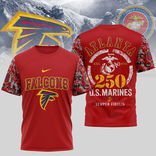 Atlanta Falcons USMC 250th Anniversary T-Shirt – NFL Football Fan Tribute Shirt – Scarlet & Blue