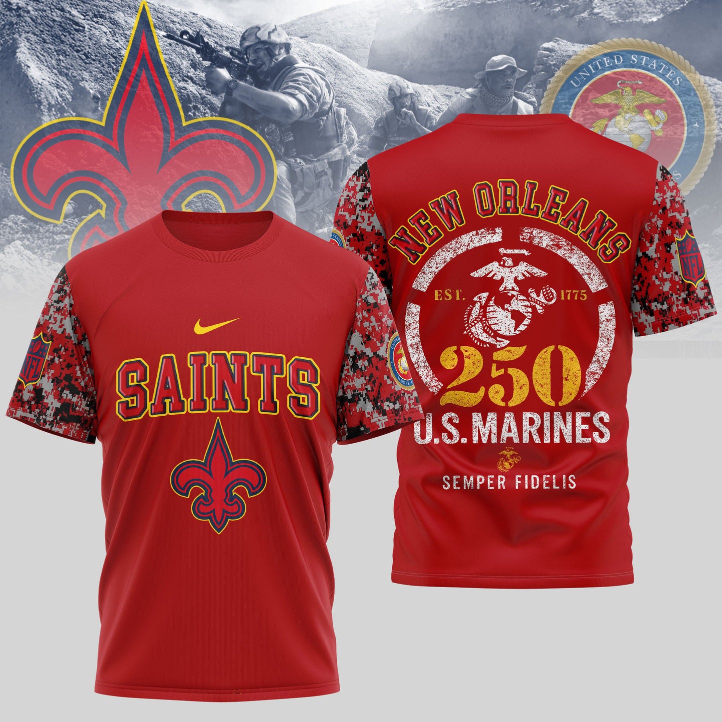 New Orleans Saints x USMC 250th Anniversary T-Shirt – NFL Football Fans Gift