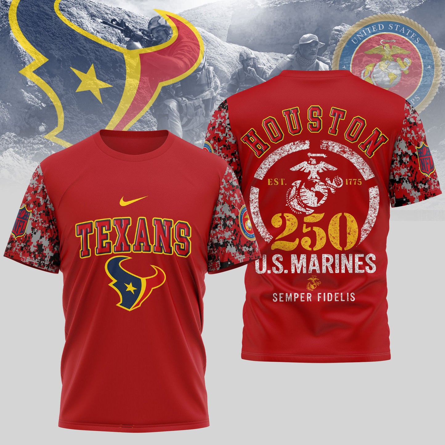 Houston Texans x USMC 250th Anniversary T-Shirt – NFL Football Fan Gear | Blue & Scarlet Edition