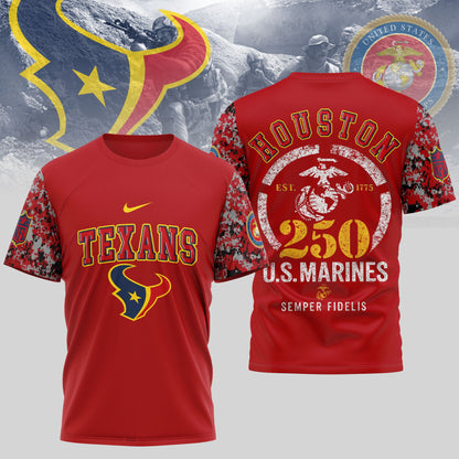 Houston Texans x USMC 250th Anniversary T-Shirt – NFL Football Fan Gear | Blue & Scarlet Edition