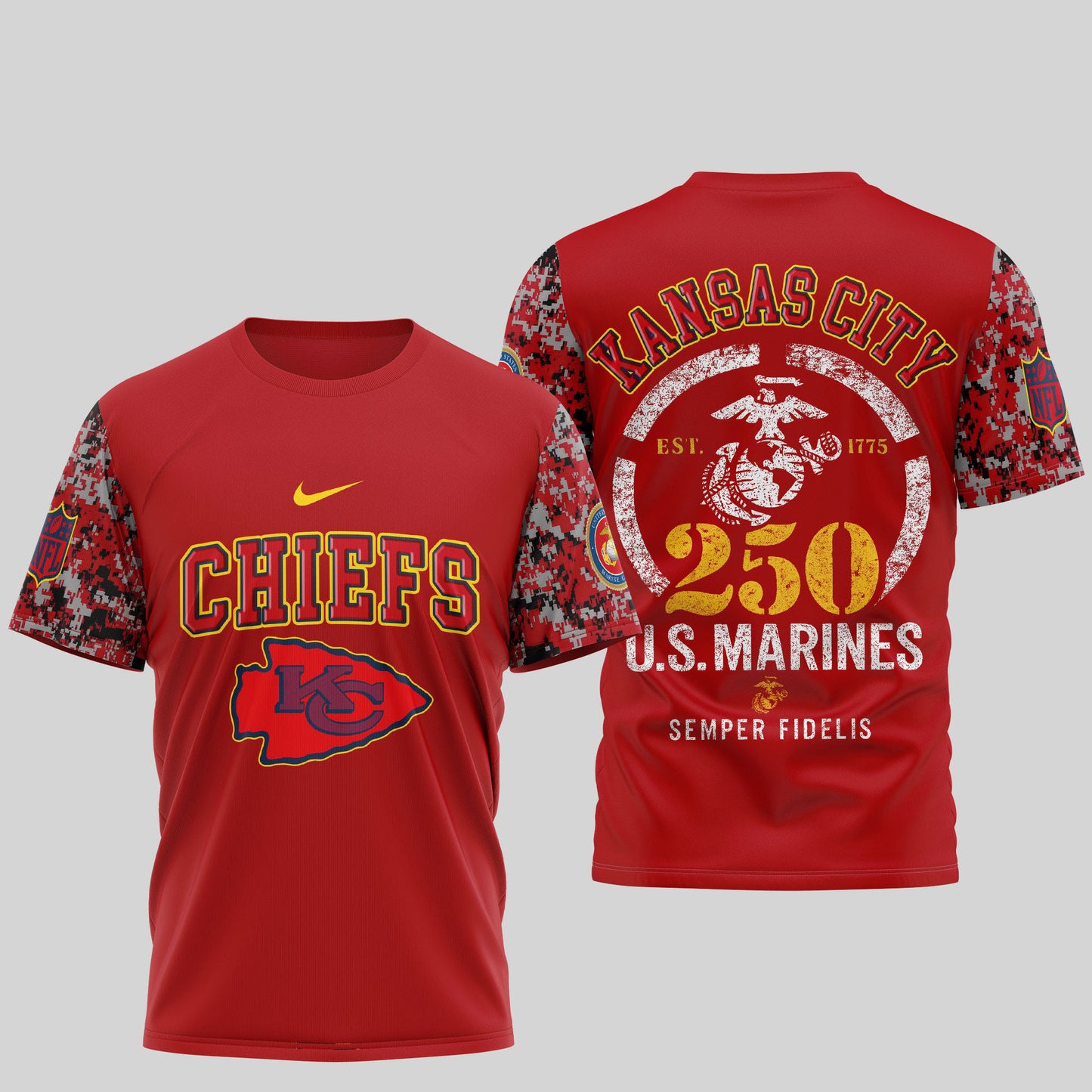 Kansas City Chiefs NFL T-Shirt – USMC 250th Anniversary Tribute | Blue & Scarlet Edition