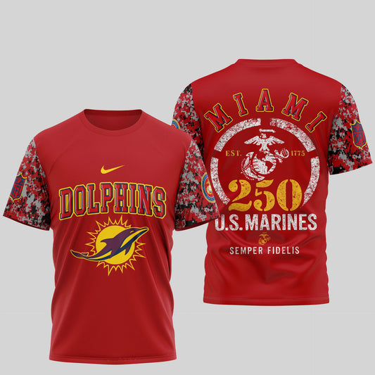 Miami Dolphins T-Shirt | USMC 250th Anniversary Tribute | NFL Football Fan Jersey – Blue & Scarlet
