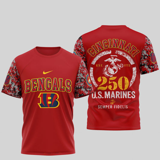 Cincinnati Bengals NFL T-Shirt x USMC 250th Anniversary Tribute | Blue & Scarlet