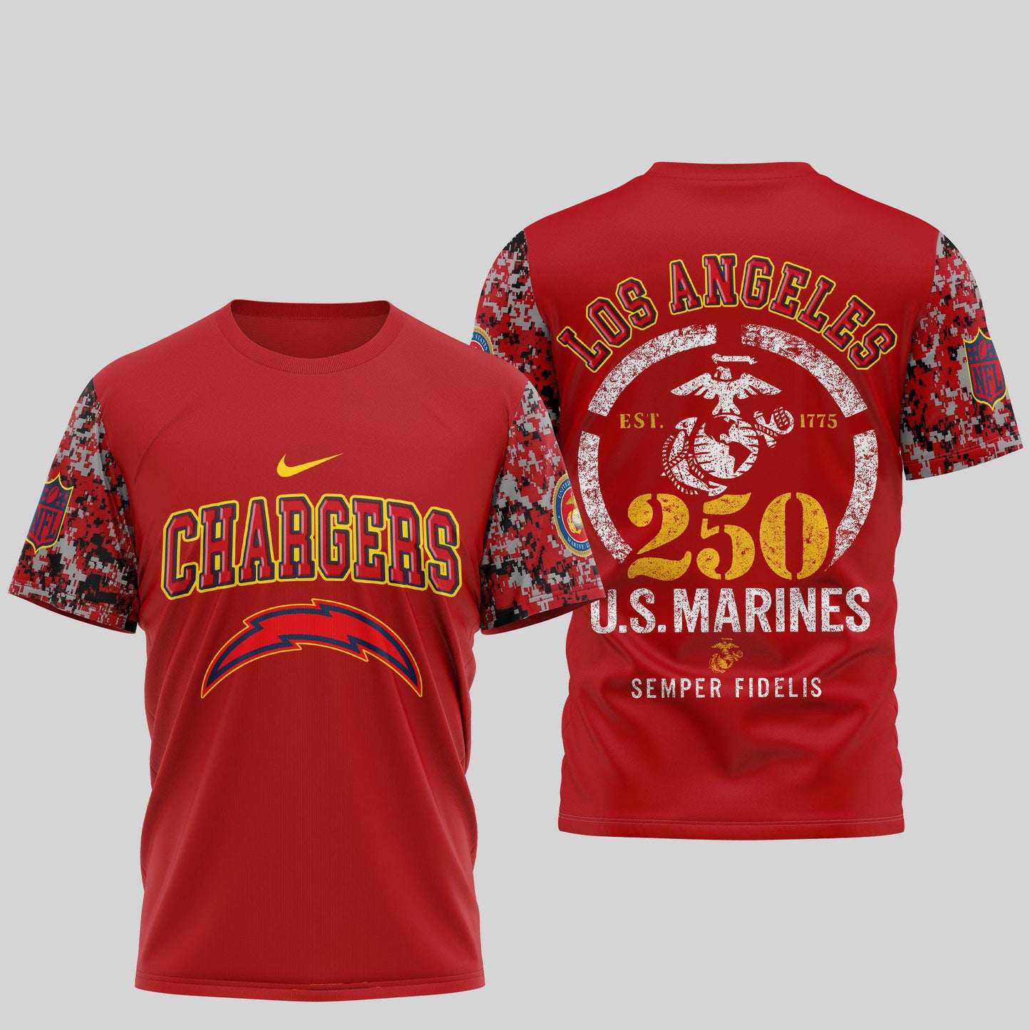 Los Angeles Chargers NFL T-Shirt – 250th U.S. Marines Anniversary Edition | Blue & Scarlet