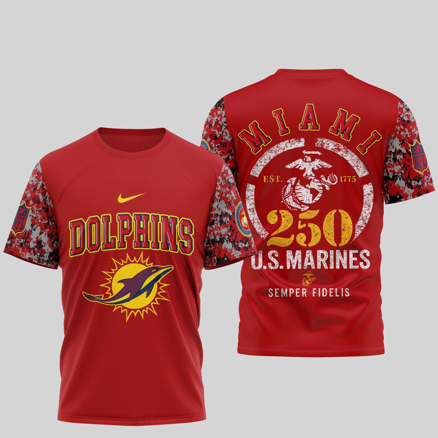 Miami Dolphins T-Shirt | USMC 250th Anniversary Tribute | NFL Football Fan Jersey – Blue & Scarlet