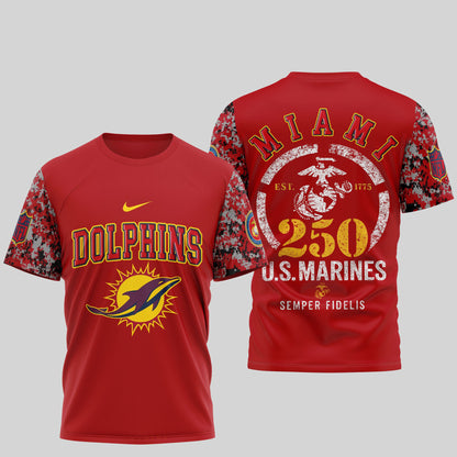 Miami Dolphins T-Shirt | USMC 250th Anniversary Tribute | NFL Football Fan Jersey – Blue & Scarlet