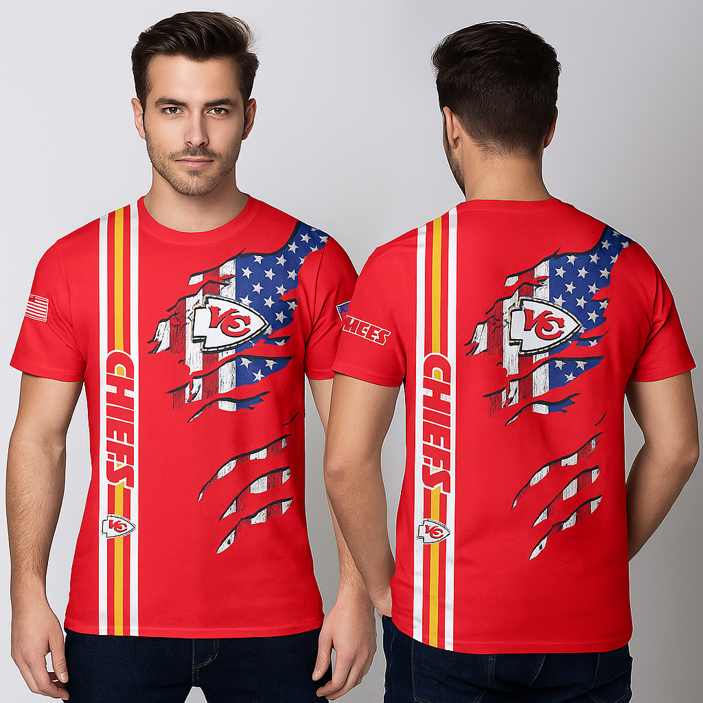 Kansas City Chiefs T-Shirt | NFL American Flag Design | Red Game Day Fan Tee x Unisex Apparel