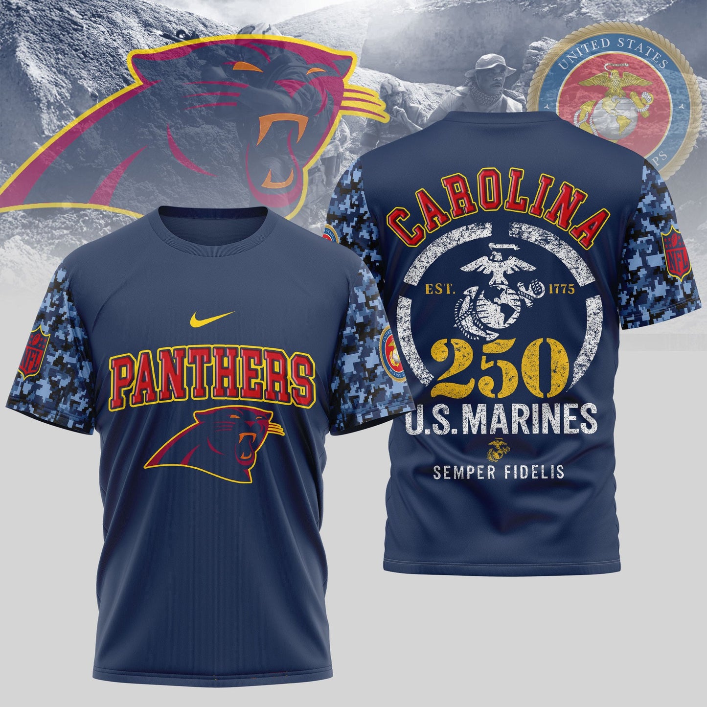 Carolina Panthers NFL T-Shirt – USMC 250th Anniversary Edition | Blue & Scarlet