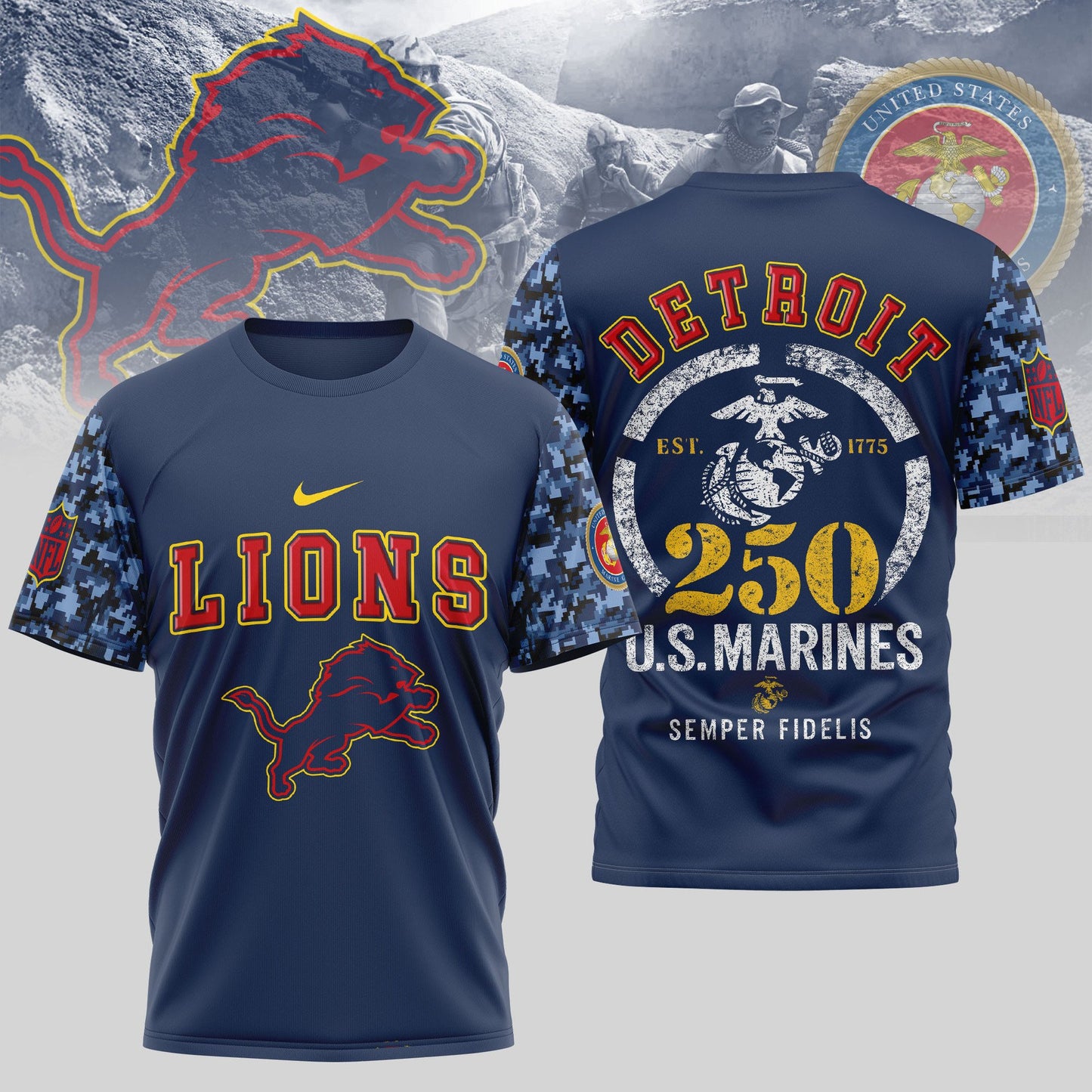 Detroit Lions NFL T-Shirt – USMC 250th Anniversary Tribute | Blue & Scarlet Edition
