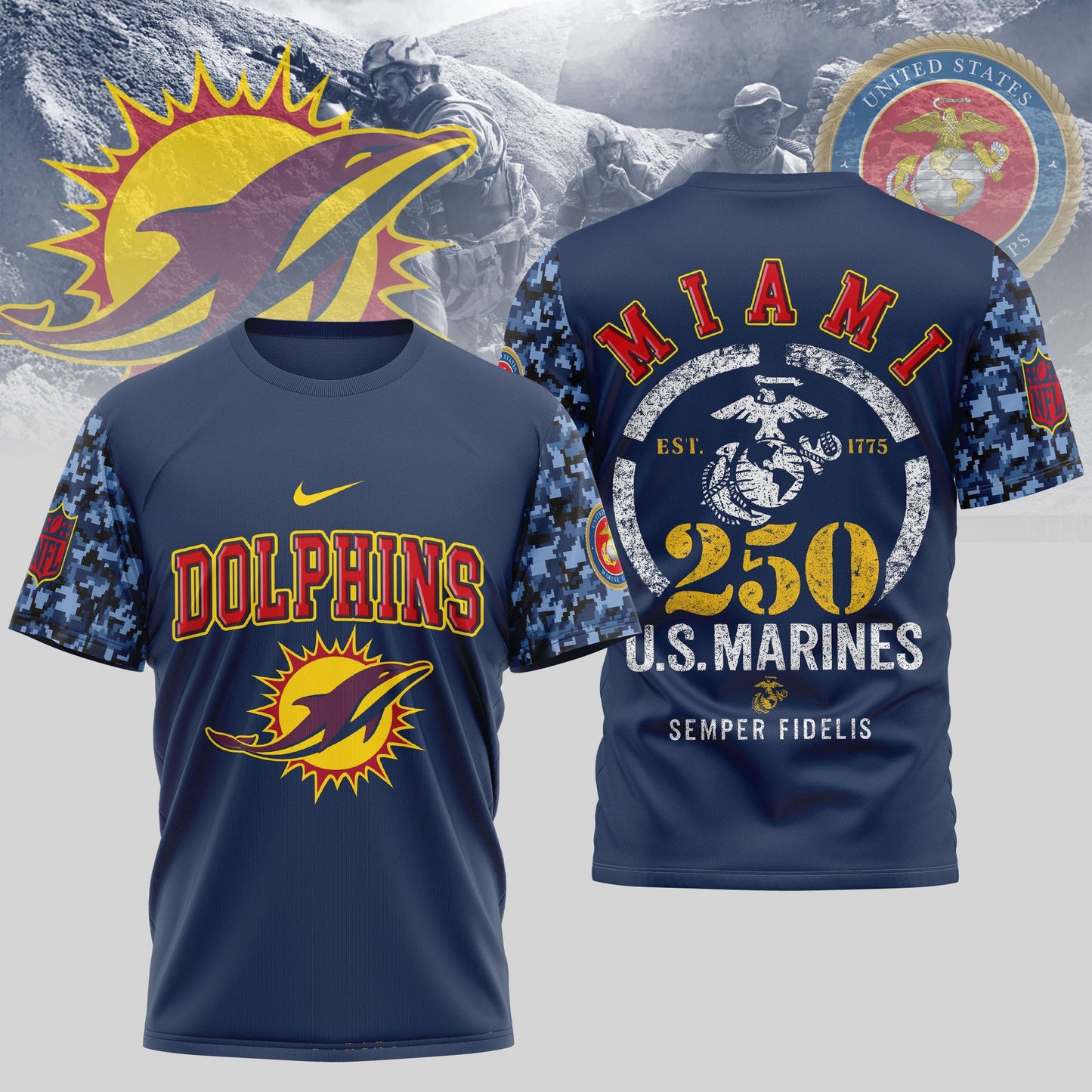 Miami Dolphins T-Shirt | USMC 250th Anniversary Tribute | NFL Football Fan Jersey – Blue & Scarlet