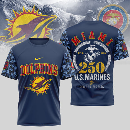 Miami Dolphins T-Shirt | USMC 250th Anniversary Tribute | NFL Football Fan Jersey – Blue & Scarlet