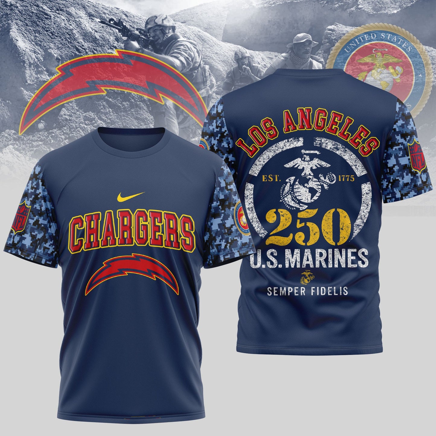 Los Angeles Chargers NFL T-Shirt – 250th U.S. Marines Anniversary Edition | Blue & Scarlet