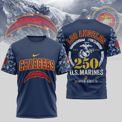 Los Angeles Chargers NFL T-Shirt – 250th U.S. Marines Anniversary Edition | Blue & Scarlet