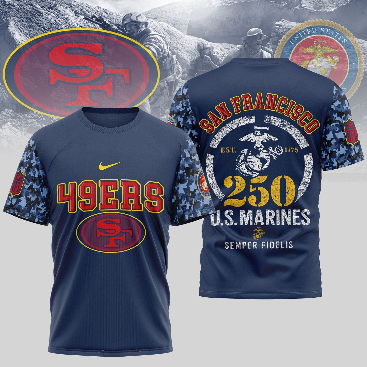 San Francisco 49ers x USMC 250th Anniversary T-Shirt – NFL Football Fan Jersey (Blue & Scarlet)