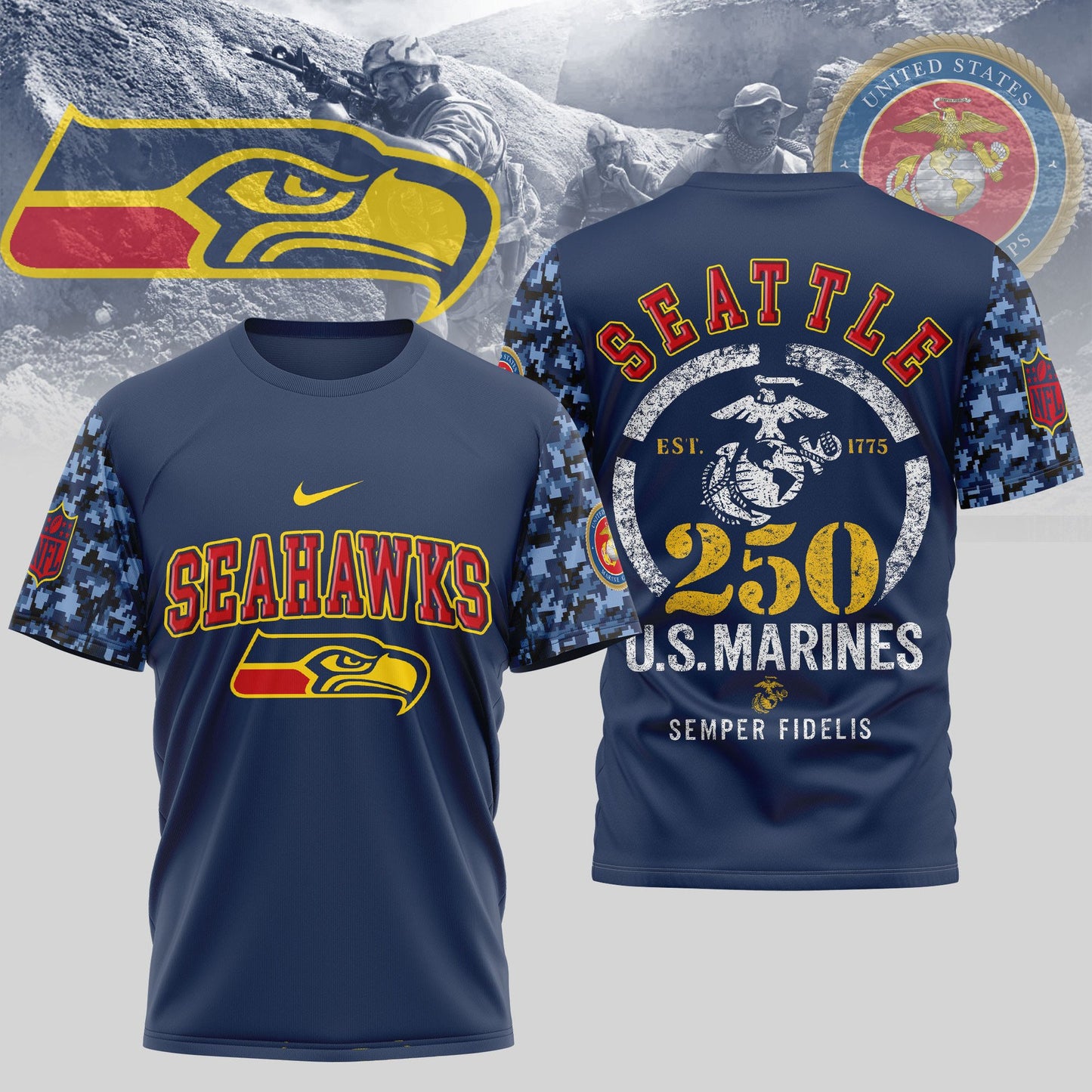 Seattle Seahawks x USMC 250th Anniversary T-Shirt – Blue & Scarlet Limited Edition