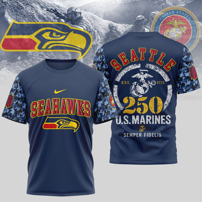 Seattle Seahawks x USMC 250th Anniversary T-Shirt – Blue & Scarlet Limited Edition