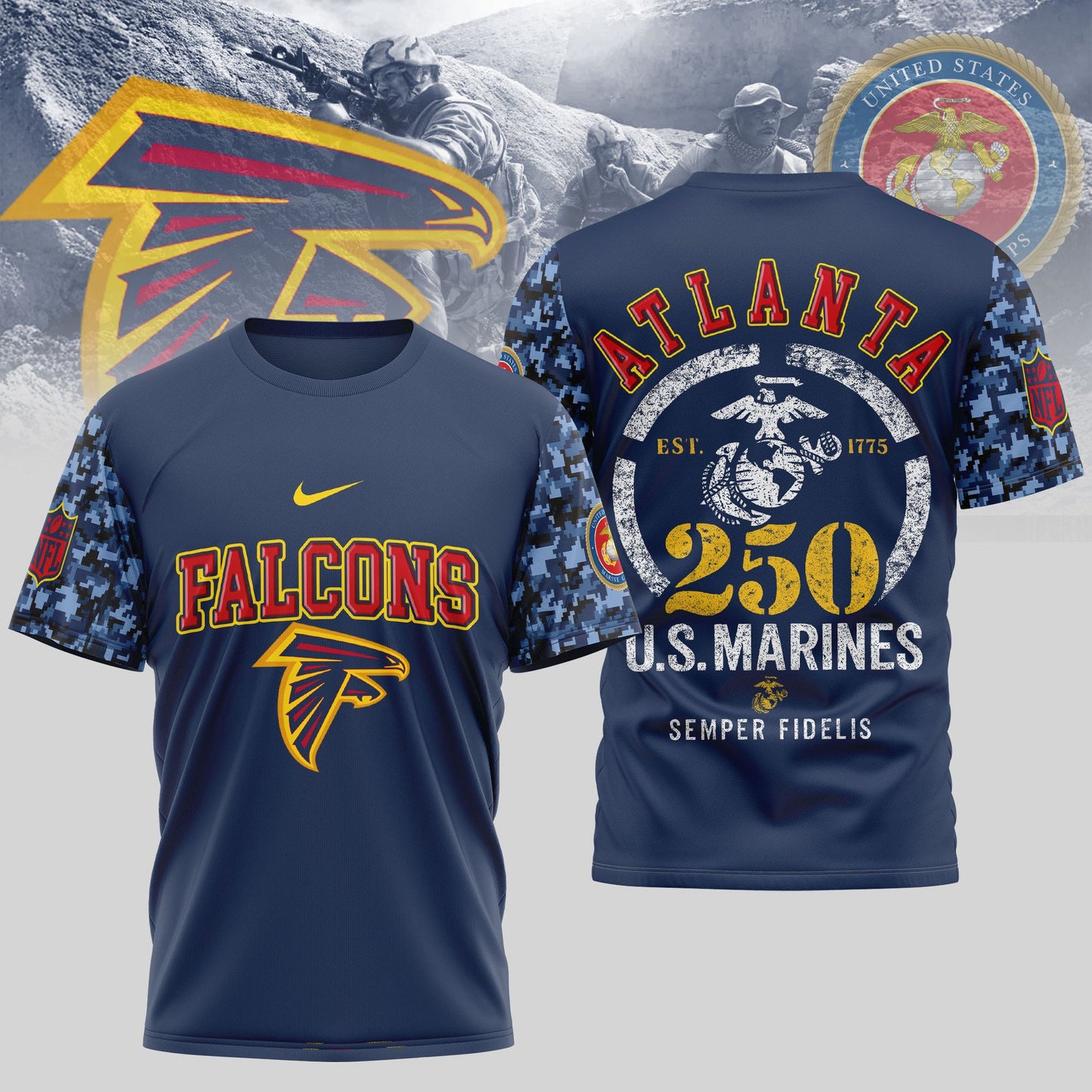 Atlanta Falcons USMC 250th Anniversary T-Shirt – NFL Football Fan Tribute Shirt – Scarlet & Blue