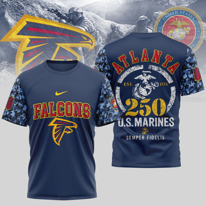 Atlanta Falcons USMC 250th Anniversary T-Shirt – NFL Football Fan Tribute Shirt – Scarlet & Blue