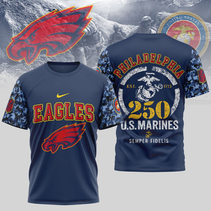 Philadelphia Eagles T-Shirt | USMC 250th Anniversary Tribute | NFL Fan Gear – Blue & Scarle