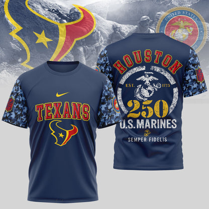 Houston Texans x USMC 250th Anniversary T-Shirt – NFL Football Fan Gear | Blue & Scarlet Edition