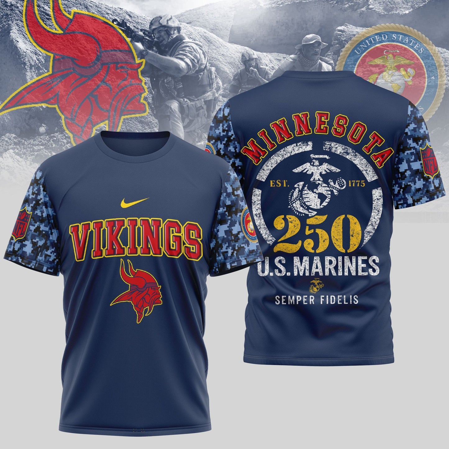 Minnesota Vikings NFL T-Shirt – USMC 250th Anniversary Limited Edition | Blue & Scarlet