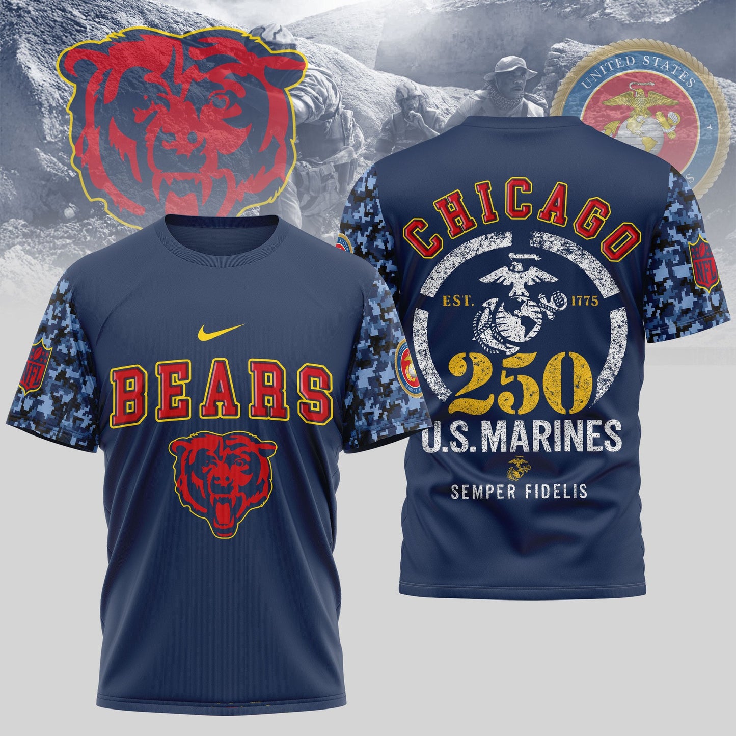 Chicago Bears x USMC 250th Anniversary T-Shirt | NFL Football Fan Jersey | Limited Edition Blue & Scarlet