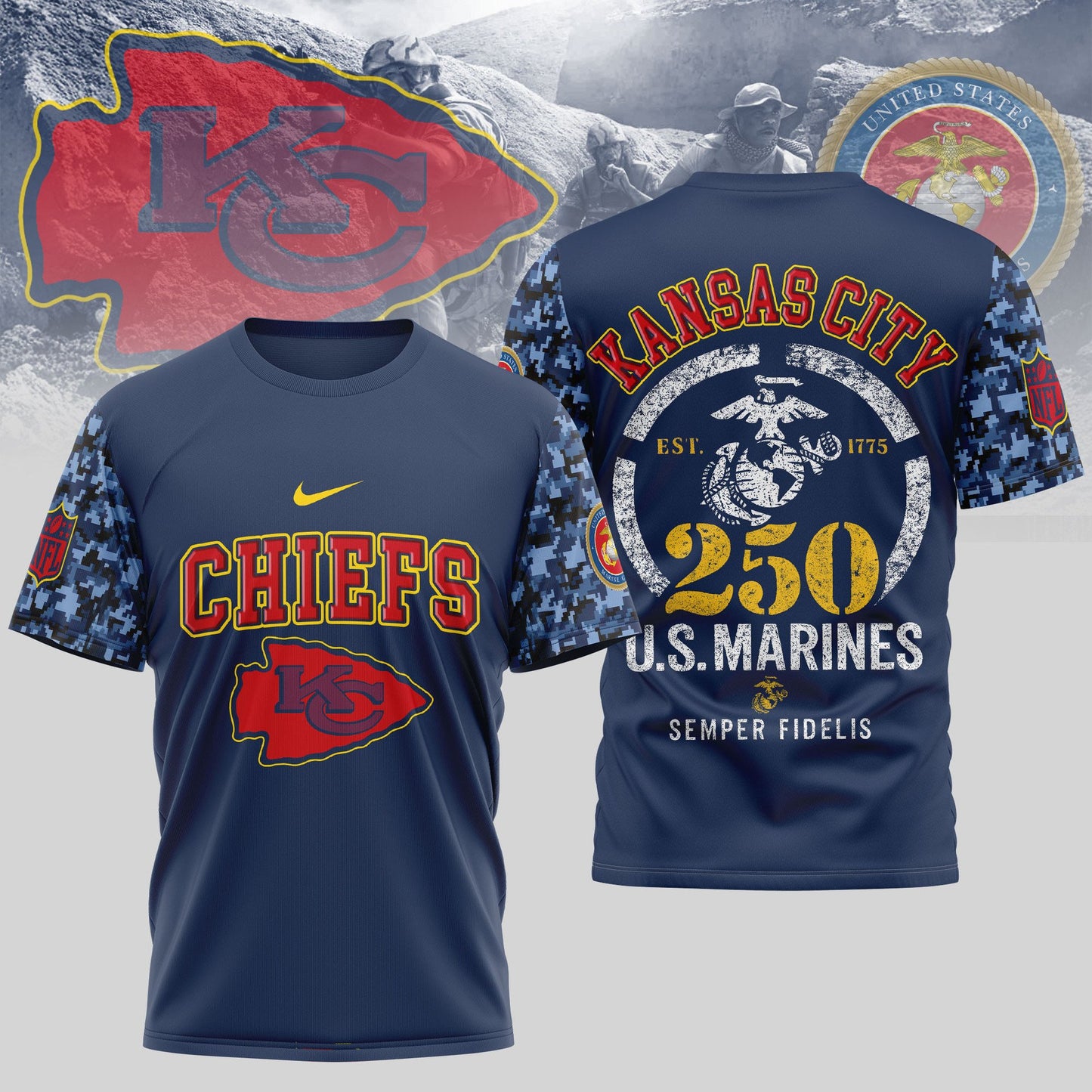 Kansas City Chiefs NFL T-Shirt – USMC 250th Anniversary Tribute | Blue & Scarlet Edition