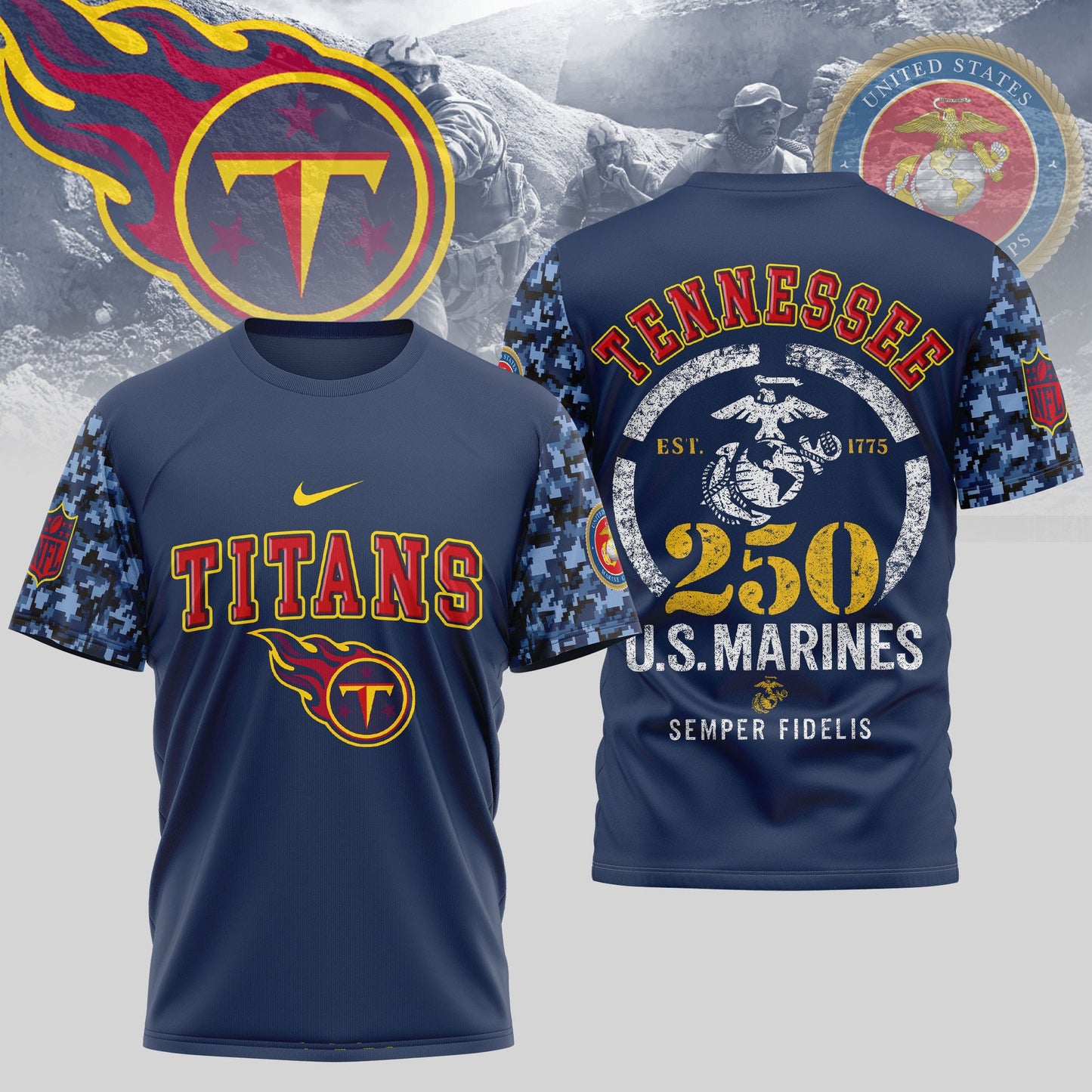 Tennessee Titans x USMC 250th Anniversary T-Shirt – Blue & Scarlet Limited Edition