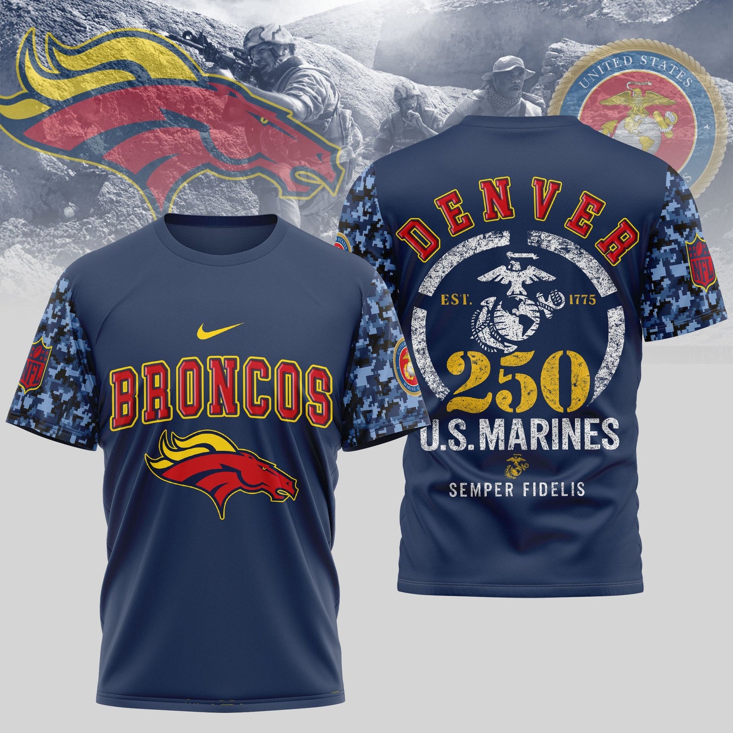 Denver Broncos T-Shirt NFL x USMC 250th Anniversary – Blue & Scarlet Limited Edition